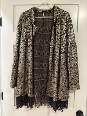 Anthropologie Sequin Open-Front Blazer Jacket - Gold and Black